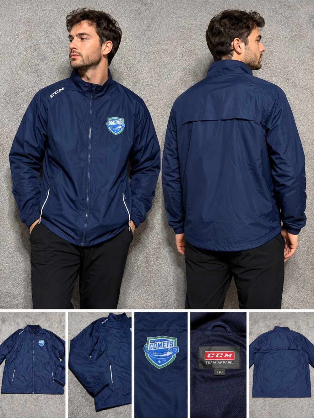 CCM Utica Comets AHL Hockey Team‎ Windbreaker Jacket Navy Blue Mens Large J5590